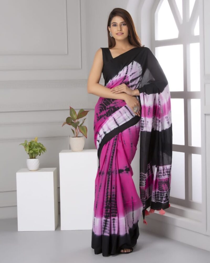 Shibori Tye And Dye Mulmul Sarees - Image 11